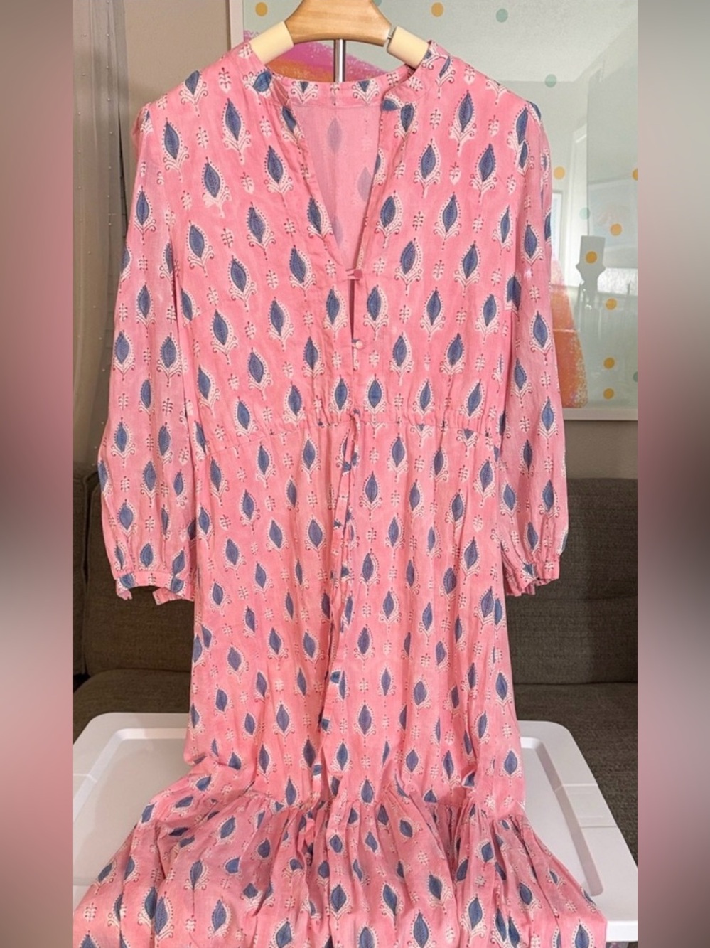 Emerson Fry Pink maxi  Dress with Navy Leaf Print